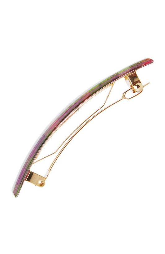 Side view of French barrette clasp on plaid hair clip