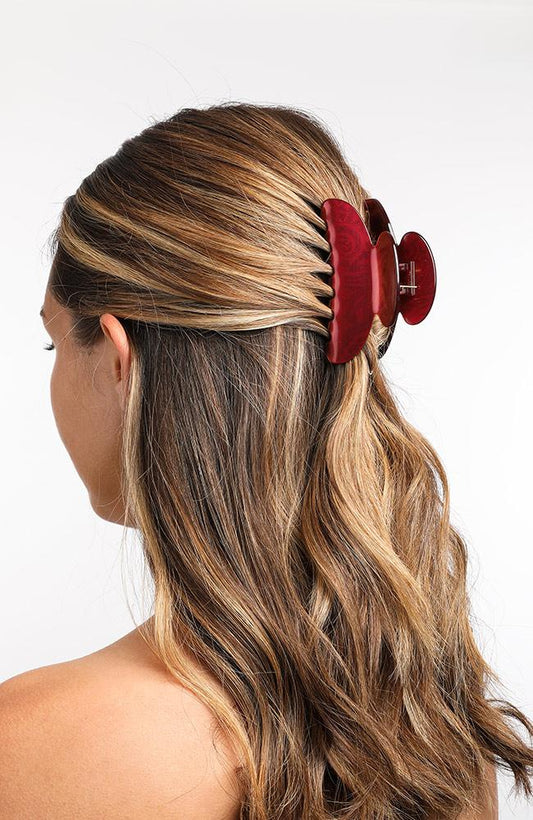 Duchess Burgundy French hair clip pictured in brown hair, Couture Jaw by France Luxe