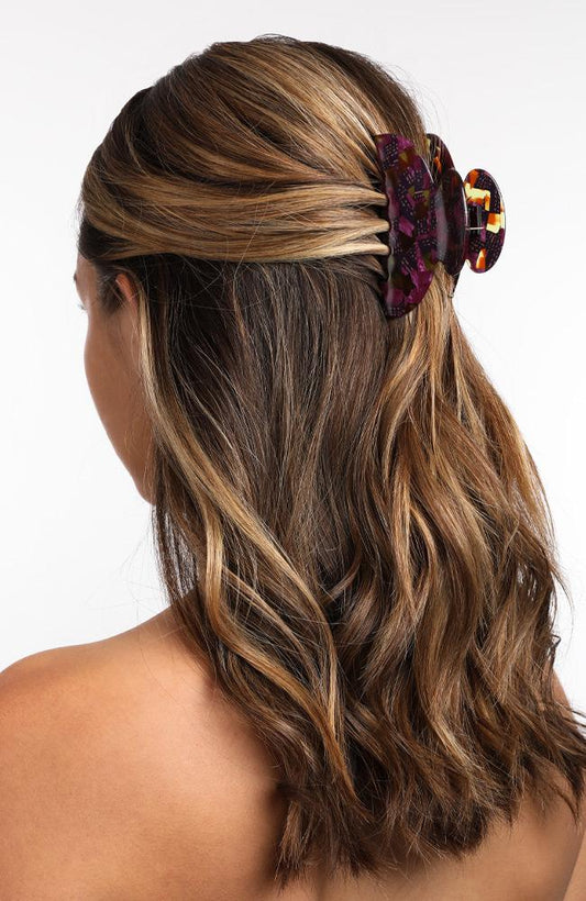 Festival Magenta hair claw in brown hair, Couture Jaw by France Luxe