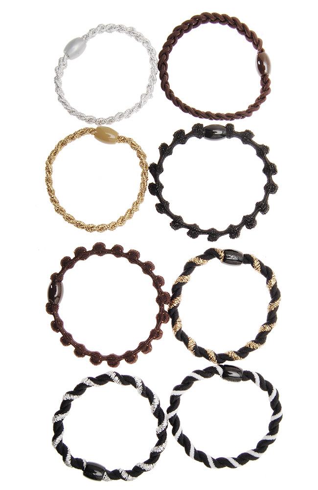 Neutral hair tie Combo Party 8 Pack by L. Erickson, Black metallic, brown, silver, gold