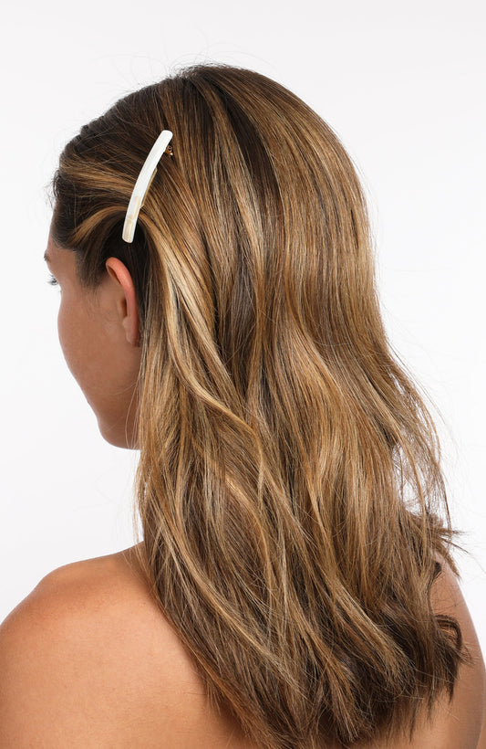 Bennington Hair Clip with French Barrette clasp, Alba white in brown hair, France Luxe
