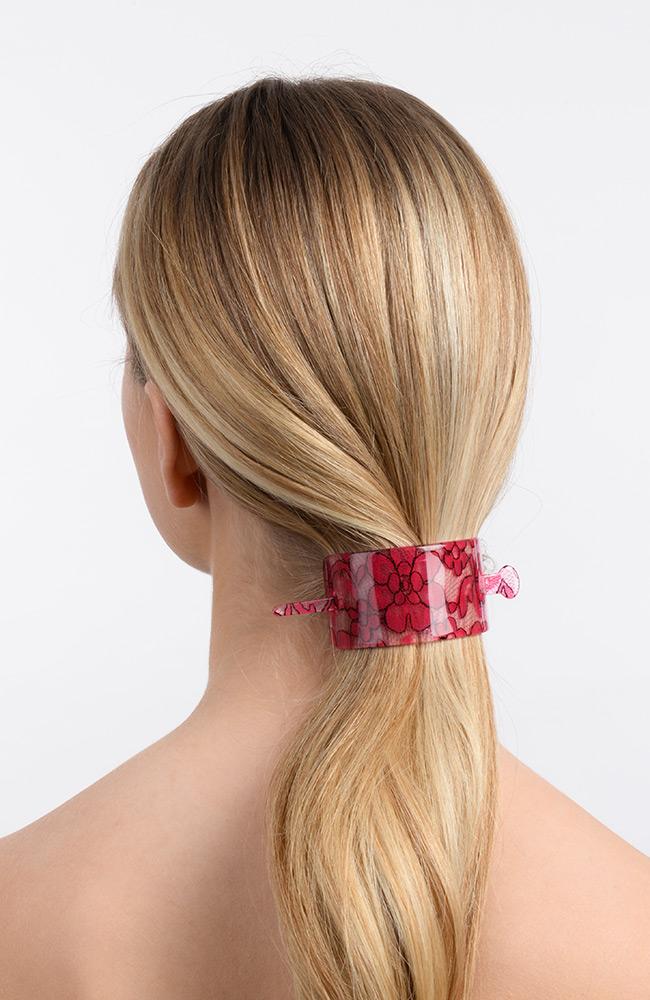 Pink Lace Laminate Hair Slide by France Luxe in blonde woman's hair