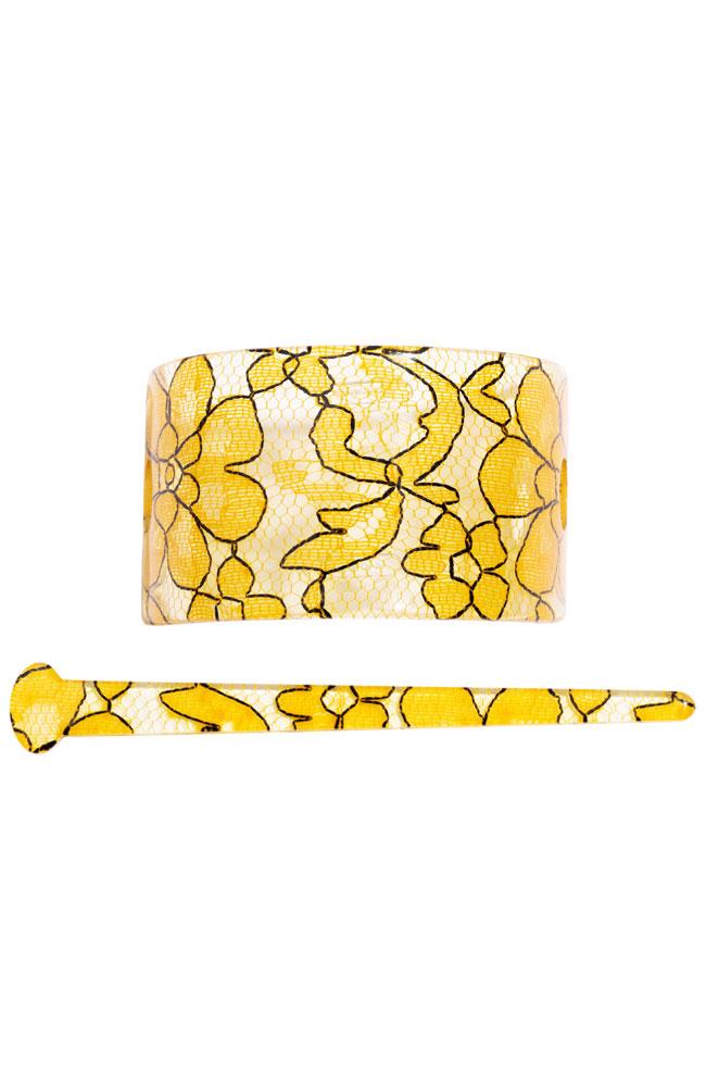 France Luxe Wide Rectangle Slide - St. Tropez Lace Yellow Slide, Cellulose Acetate, open cuff with hair pin