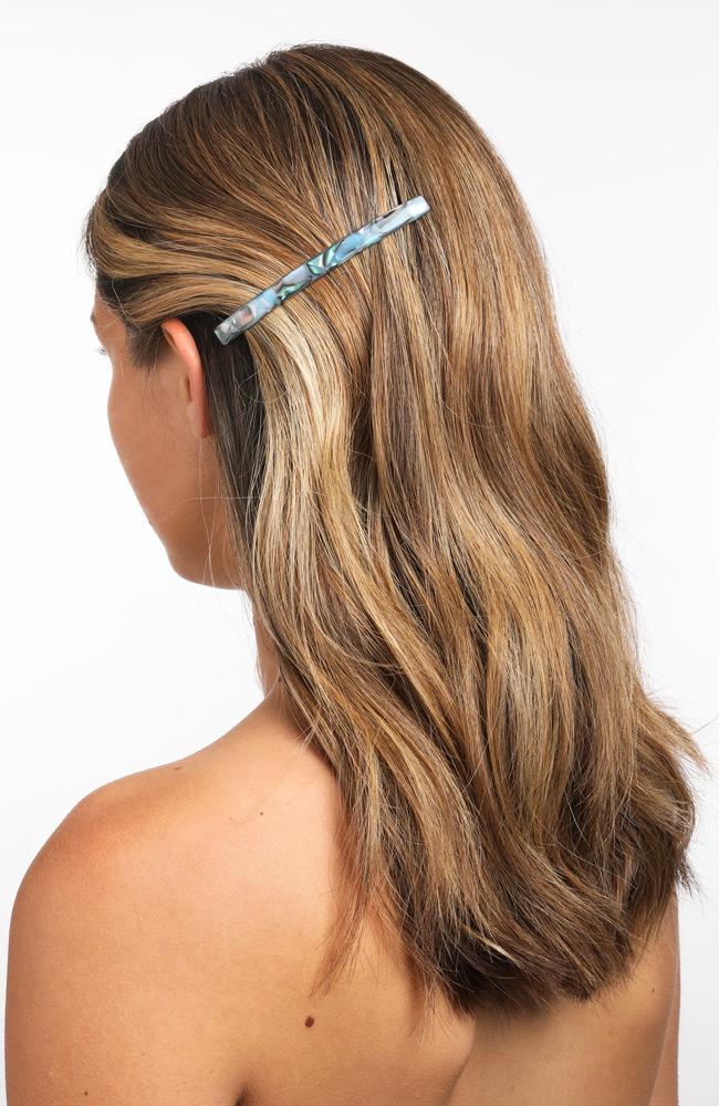 France Luxe Long & Skinny Barrette, Classic South Sea Blue, cellulose acetate and French barrette clasp, on model