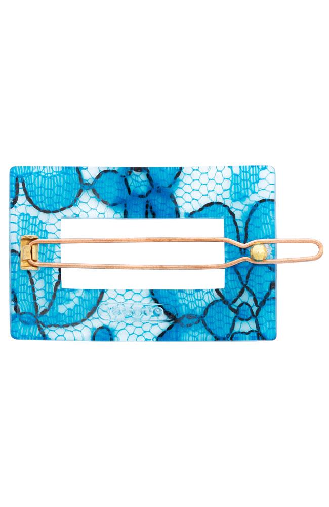 France Luxe Portrait Tige Boule - St. Tropez Lace Blue Barrette , Cellulose Acetate, back French barrette clasp view