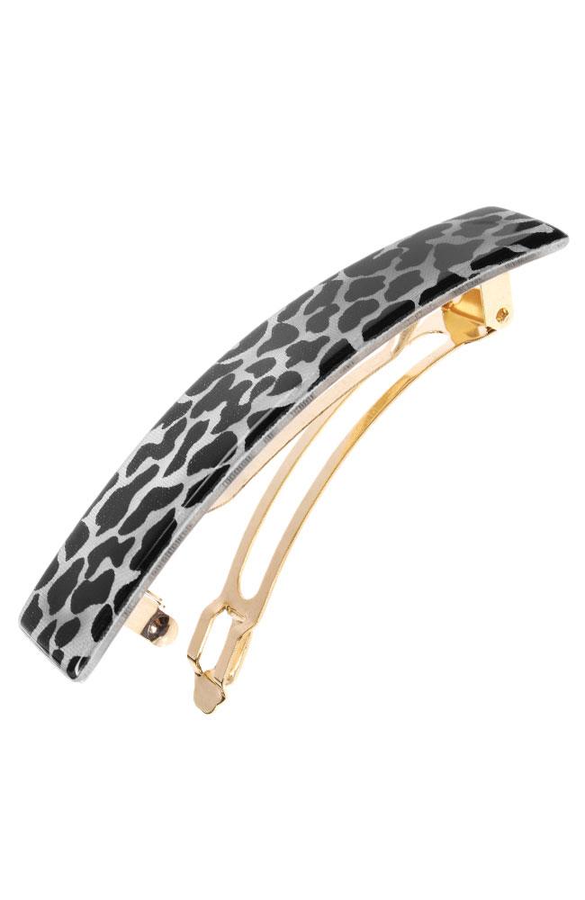 France Luxe Classic Rectangle Barrette, Animal Print El Gato Black & White, cellulose acetate and French barrette clasp, open