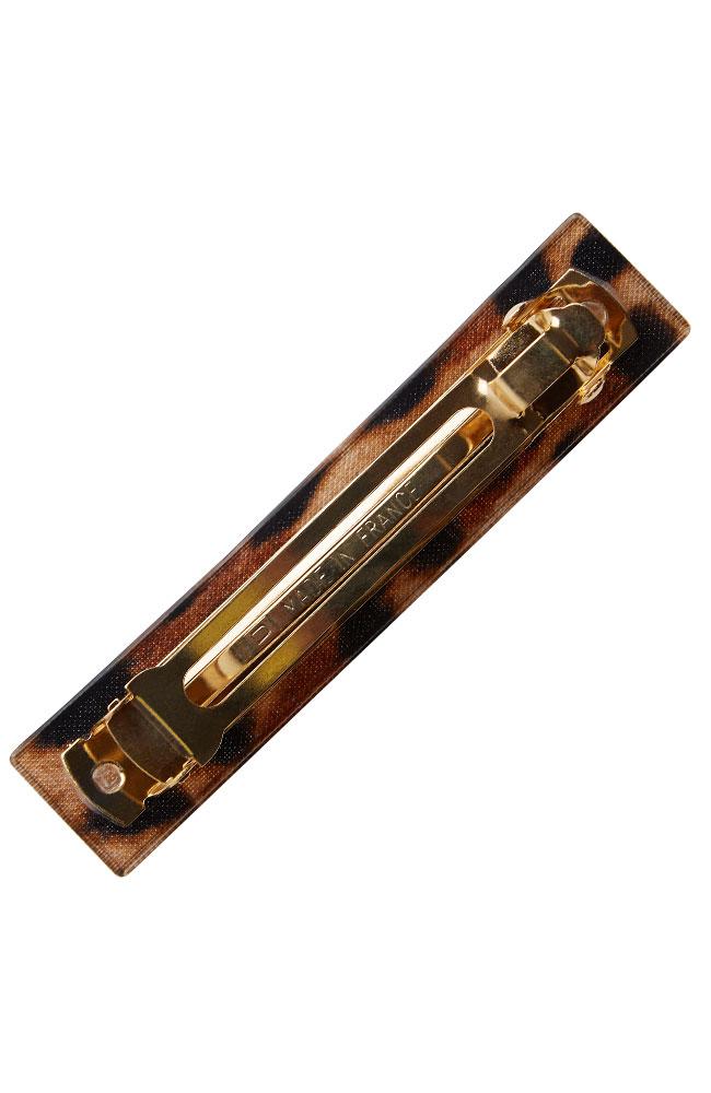 France Luxe Classic Rectangle Barrette, Luxe Leopard Print, cellulose acetate and French barrette clasp, view of clasp