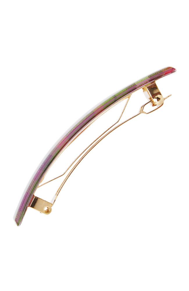 Side view of French barrette clasp on plaid hair clip