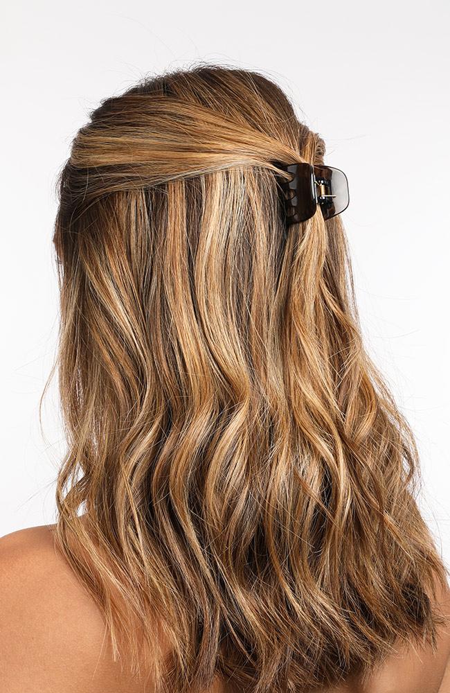 Brown Camo Medium Claw Clip on woman, hair clip by France Luxe