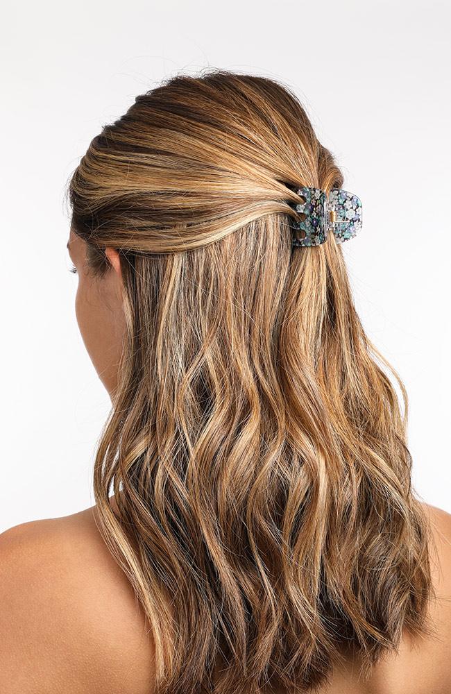 Floral Hair claw clip in brown hair, Teal Medium Gallery Jaw by France Luxe