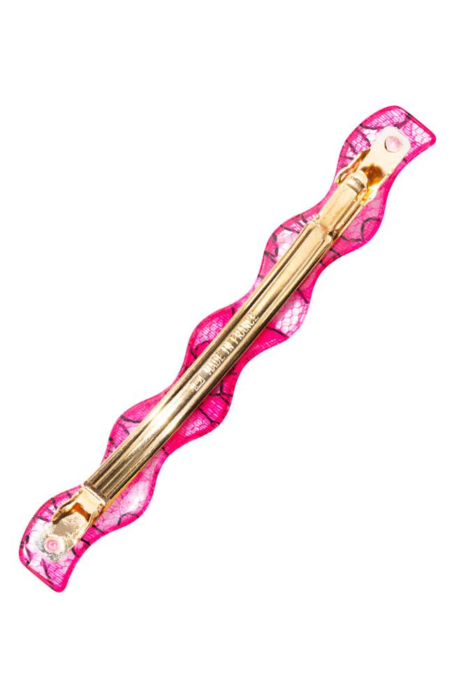 France Luxe Wavy Long and Skinny Barrette - St. Tropez Lace Pink Hair Clip, Cellulose Acetate, back French barrette clasp view