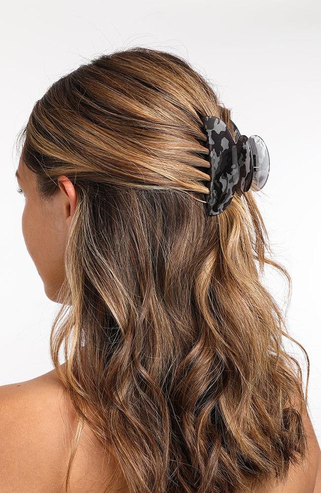 Grey Camo hair clip in brown hair, Couture Jaw by France Luxe
