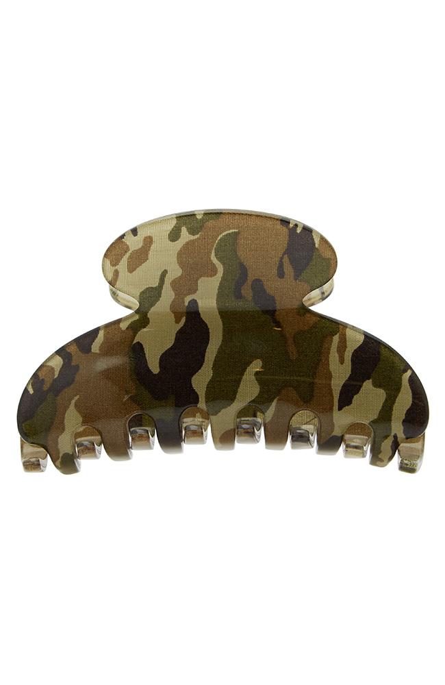Green Camo hair claw clip, front view, Couture Jaw by France Luxe