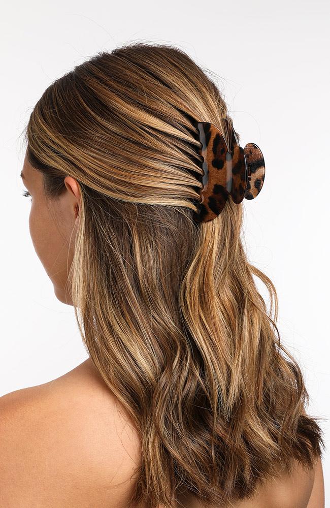 Leopard Print French claw hair clip in medium brown hair, Couture Jaw by France Luxe