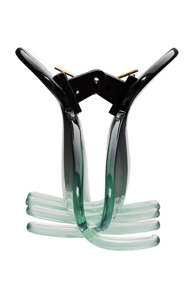 Black and transparent green claw hair clip. Medium Couture Jaw, side view, by France Luxe