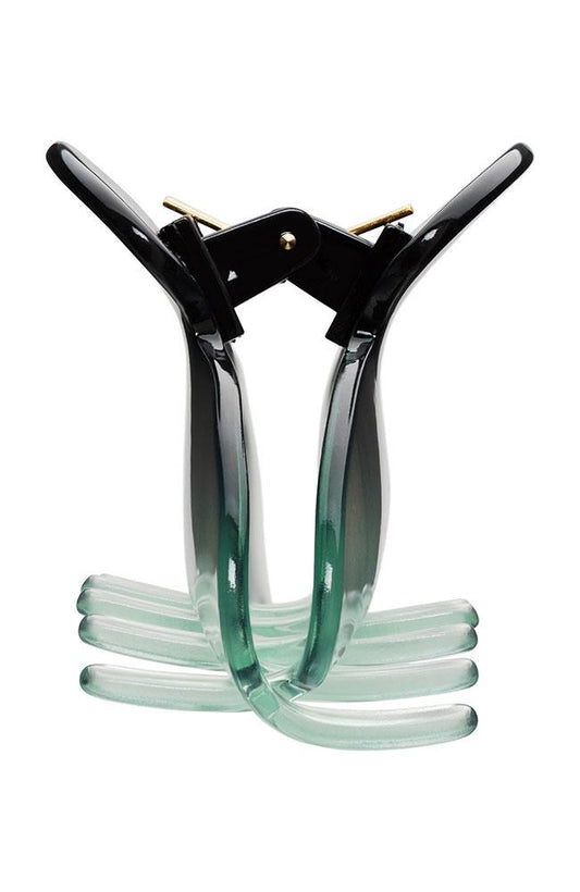 Black and transparent green claw hair clip. Medium Couture Jaw, side view, by France Luxe