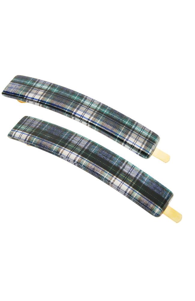 Decorative Bobby Pins, Tartan Plaid Navy, Green and White, France Luxe Cellulose Acetate