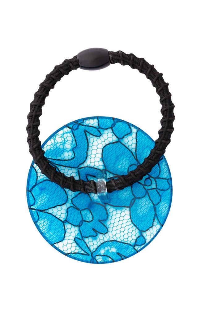France Luxe Round Pony on Elastic Hair Tie - St. Tropez Lace Blue Ponytail Holder, Cellulose Acetate Cuff, back view