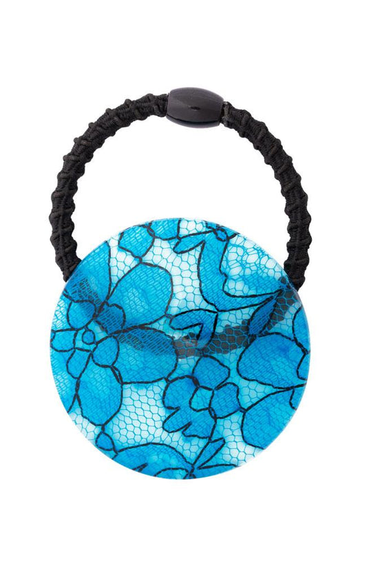 France Luxe Round Pony on Elastic Hair Tie - St. Tropez Lace Blue Ponytail Holder, Cellulose Acetate Cuff