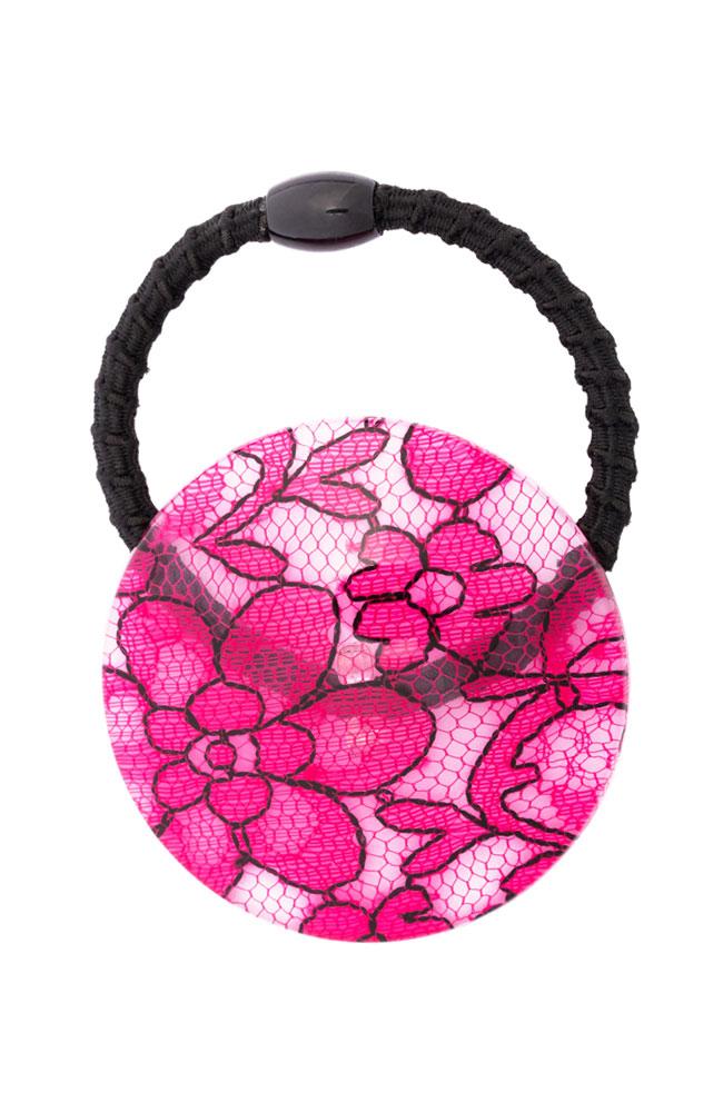 France Luxe Round Pony on Elastic Hair Tie - St. Tropez Lace Pink Ponytail Holder, Cellulose Acetate Cuff