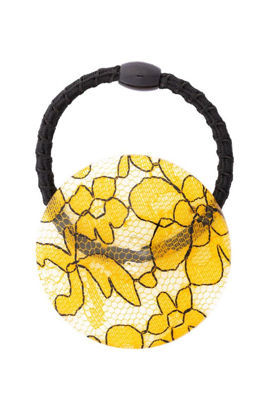 France Luxe Round Pony on Elastic Hair Tie - St. Tropez Lace Yellow Ponytail Holder, Cellulose Acetate Cuff