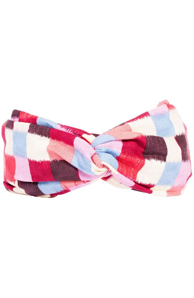 Wide, top knot headband, pink and red checker print fabric, handmade by L. Erickson USA