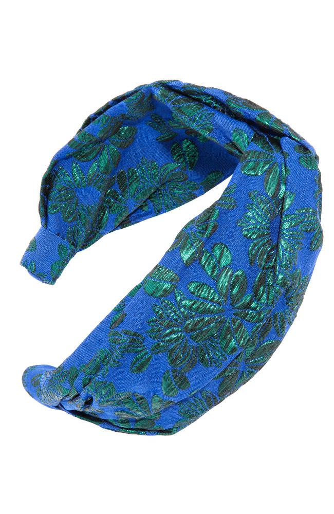Wide, top knot headband, blue and green floral fabric, handmade by L. Erickson USA