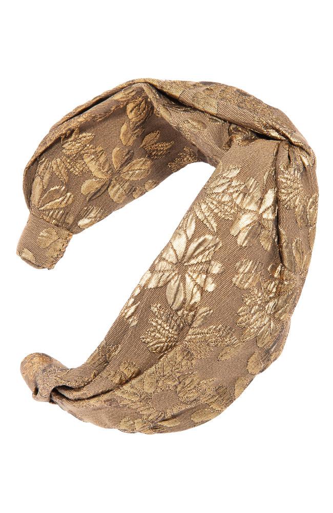 Wide, top knot headband, gold floral fabric, handmade by L. Erickson USA