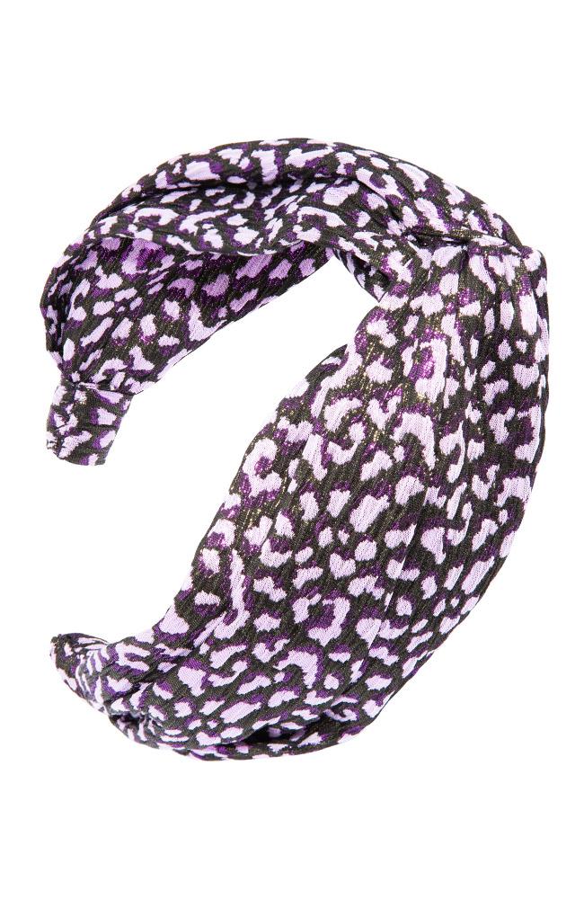 Wide, top knot headband, purple animal print fabric, handmade by L. Erickson USA