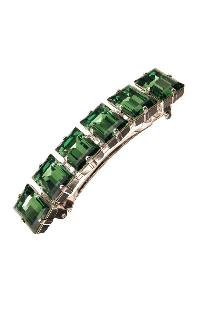Large Erinite Green Crystals and Rhodium make up this french style barrette