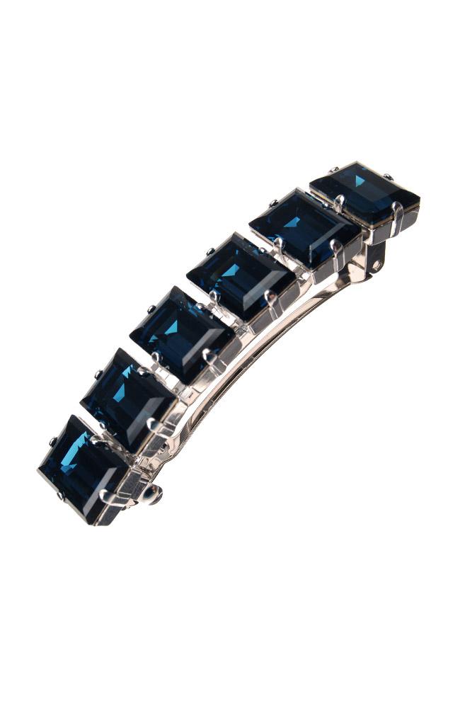 Large Montana Deep Blue Crystals and Rhodium make up this french style barrette