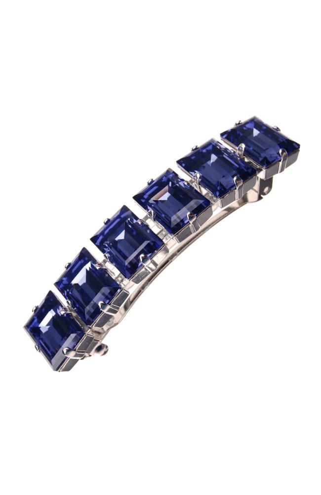 Large Tanzanite Blue Crystals and Rhodium make up this french style barrette