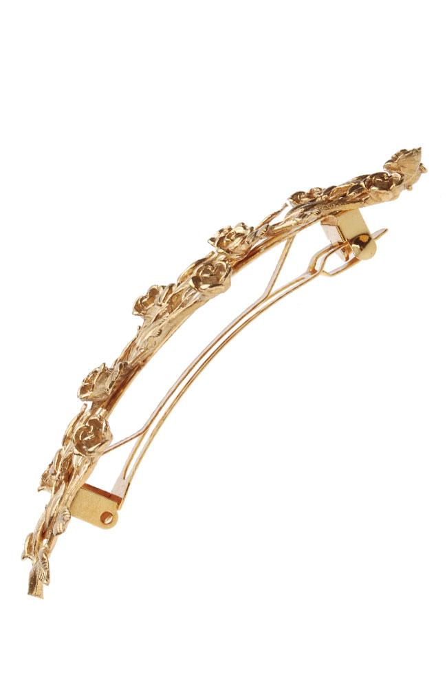 Side view of Gold Rose Flower Hair Clip with French Barrette Clasp, L. Erickson