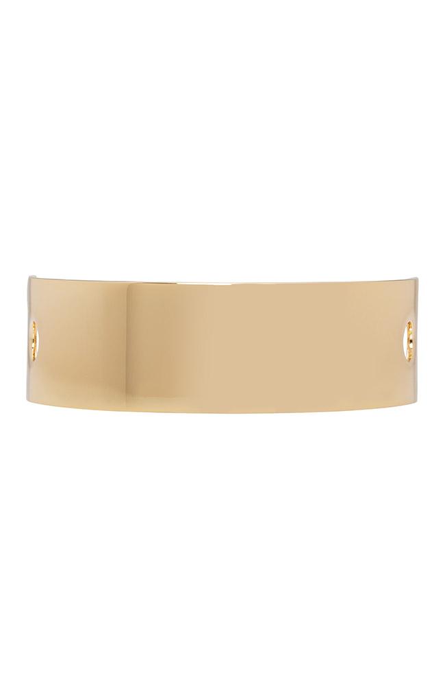 Gold Hair Pin with Skinny Rectangle Metal Slide by L. Erickson, cuff view
