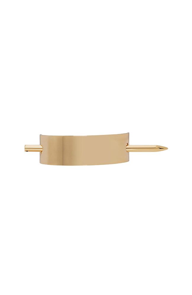 Gold Hair Pin with Skinny Rectangle Metal Slide by L. Erickson, top view