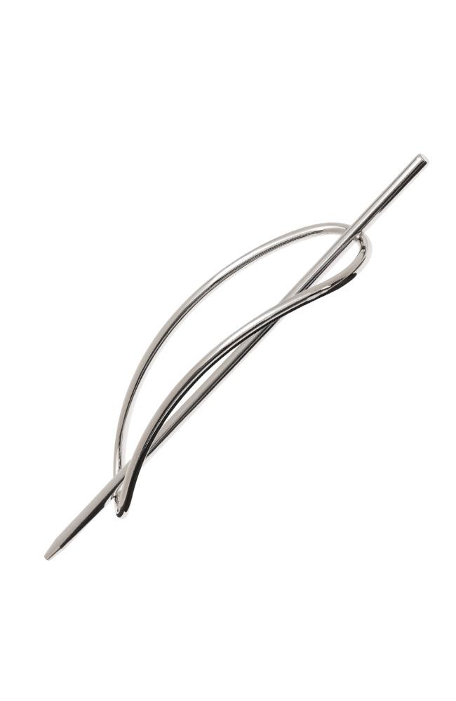 Silver Hair Pin, Oblong Metal Slide by L. Erickson, angled view