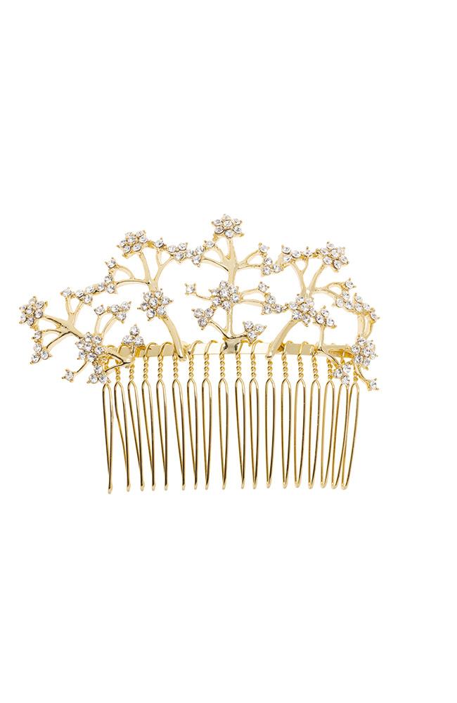 Crystal and Gold Metal Side Comb by L. Erickson, featuring crystal star bursts