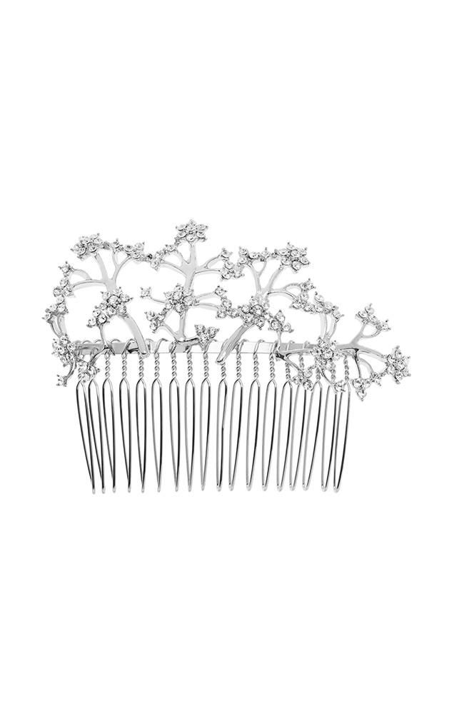 Crystal and Silver Metal Side Comb by L. Erickson, featuring crystal flowers