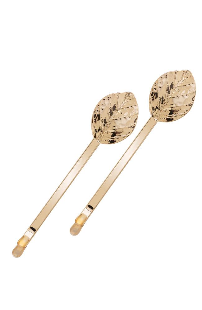 L. Erickson Gold Bobbi Pins (pair), Decorative Leaf, dipped ends
