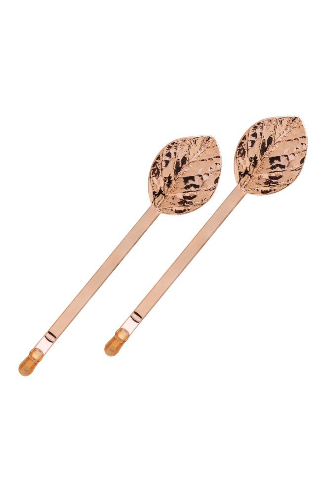 L. Erickson Rose Gold Bobbi Pins (pair), Decorative Leaf, dipped ends