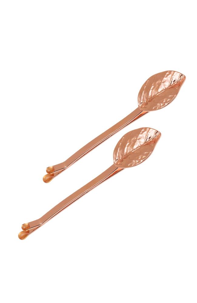 L. Erickson Rose Gold Bobbi Pins (pair), Decorative Leaf, dipped ends