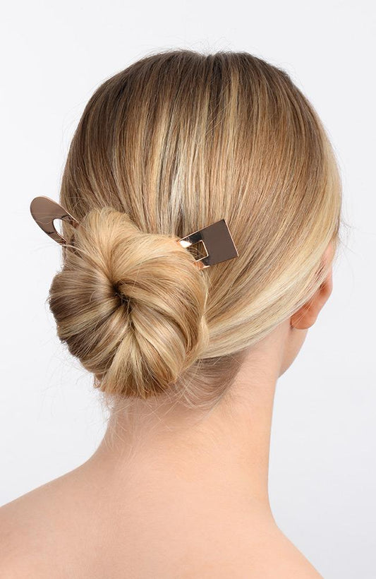 Metal Hair Pins, Pair of Chignons in bun hair style on model, hair pins by L. Erickson