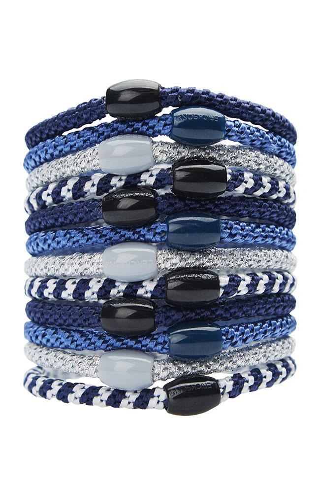 Elastic Hair Ties, Narrow Grab & Go Ponytail Holder 12 Pack, Denim (navy blue, cornflower blue, silver metallic, navy/white)