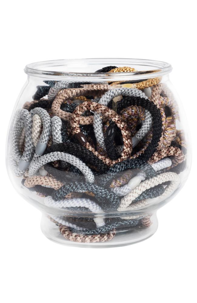 L. Erickson Hair Tie Gift Bowl, multi color neutrals and metallic thick Grab & Go ponytail holders