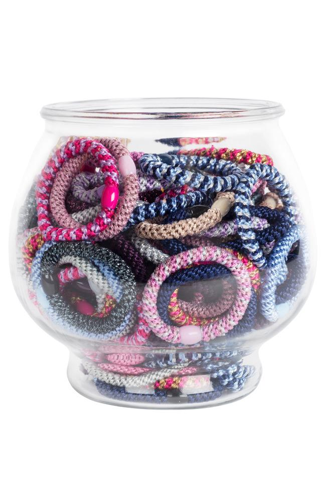 L. Erickson Hair Ties Gift Bowl, pink, blue, metallic, beige, thick ponytail holders