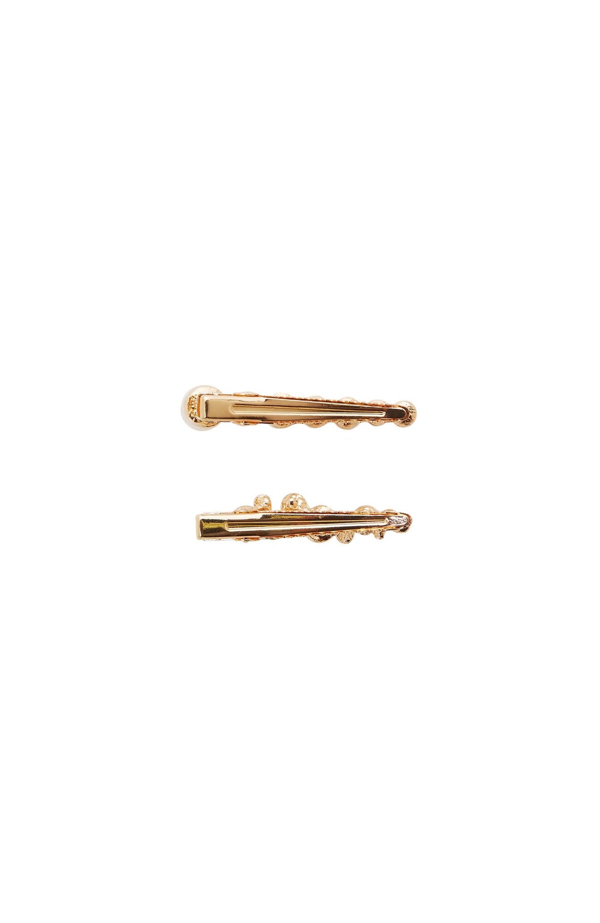 Pair of Mini Pearl pinch clips, bottom view, gold tone clip, by L. Erickson
