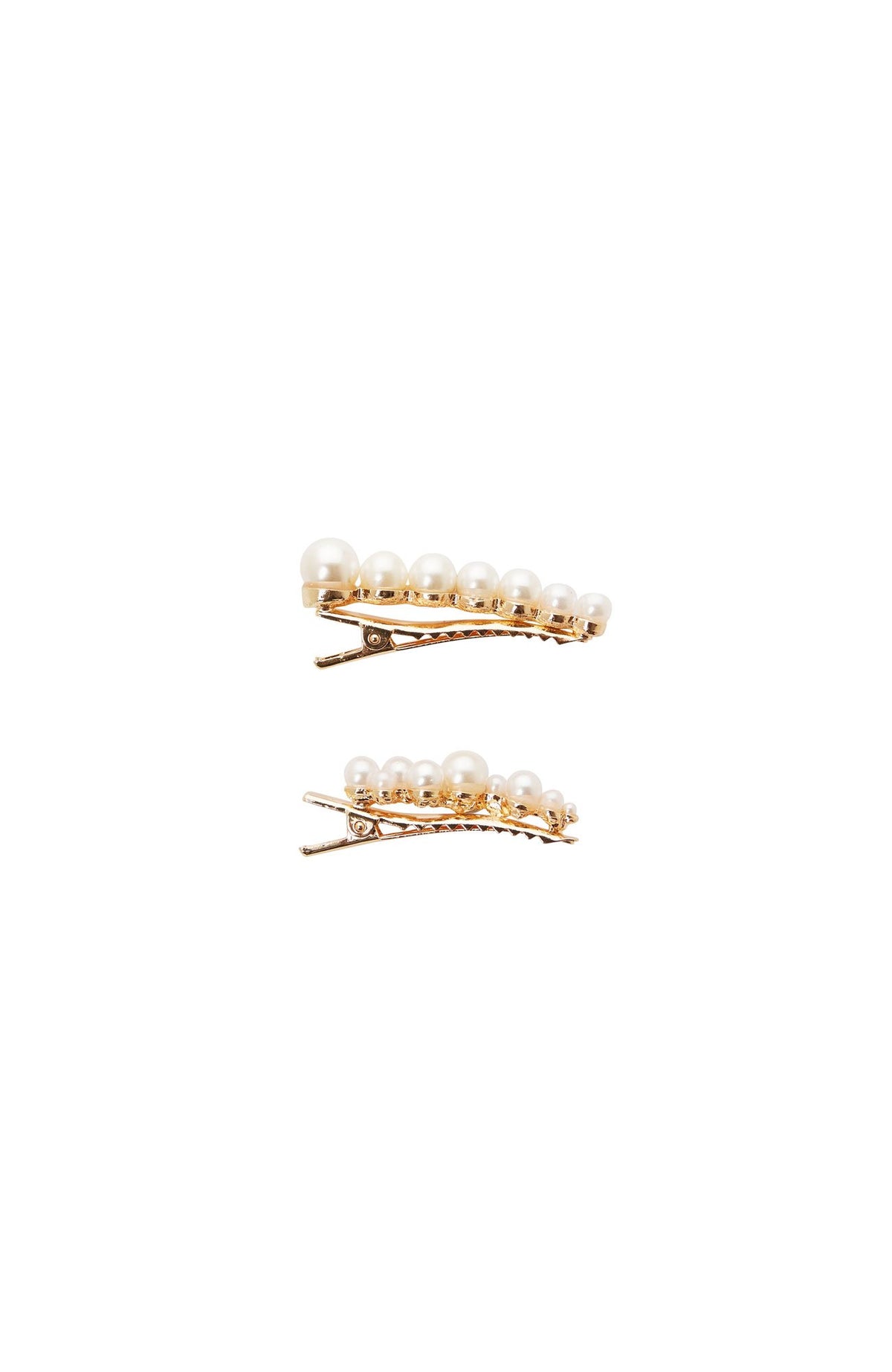Pair of Mini Pearl pinch clips, side view, with white pearls and gold tone clip, by L. Erickson