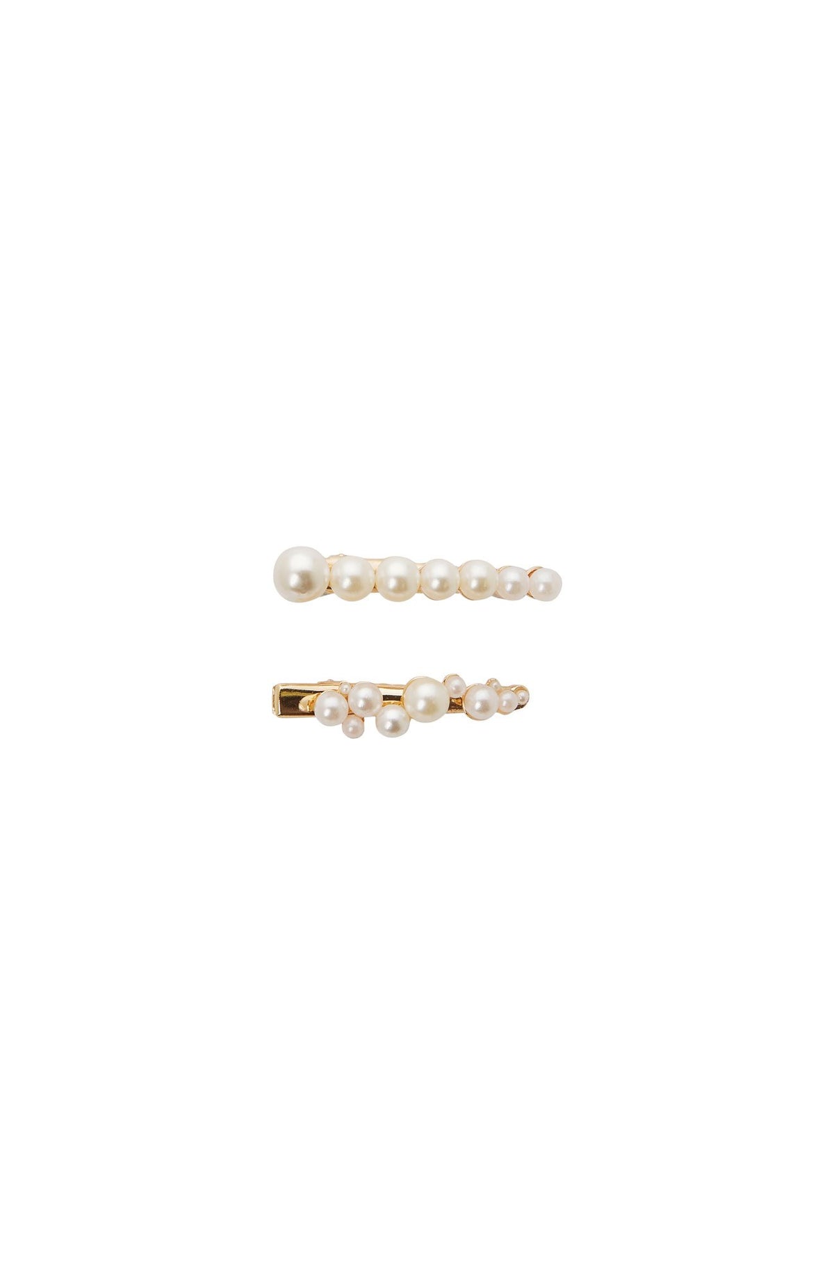 Pair of Mini Pearl pinch clips, top view, with white pearls and gold tone clip, by L. Erickson
