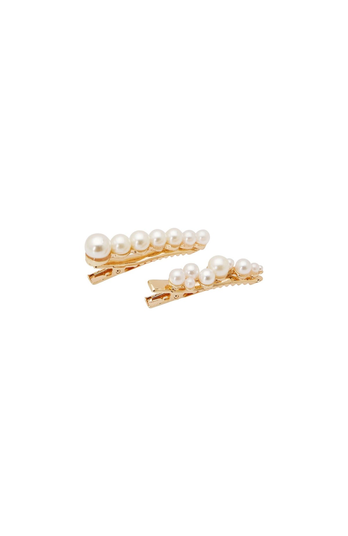 Pair of Mini Pearl hair clips, with white pearls and gold tone pinch clip, one featuring straight line of pearls, one featuring scattered pearls in various sizes, by L. Erickson