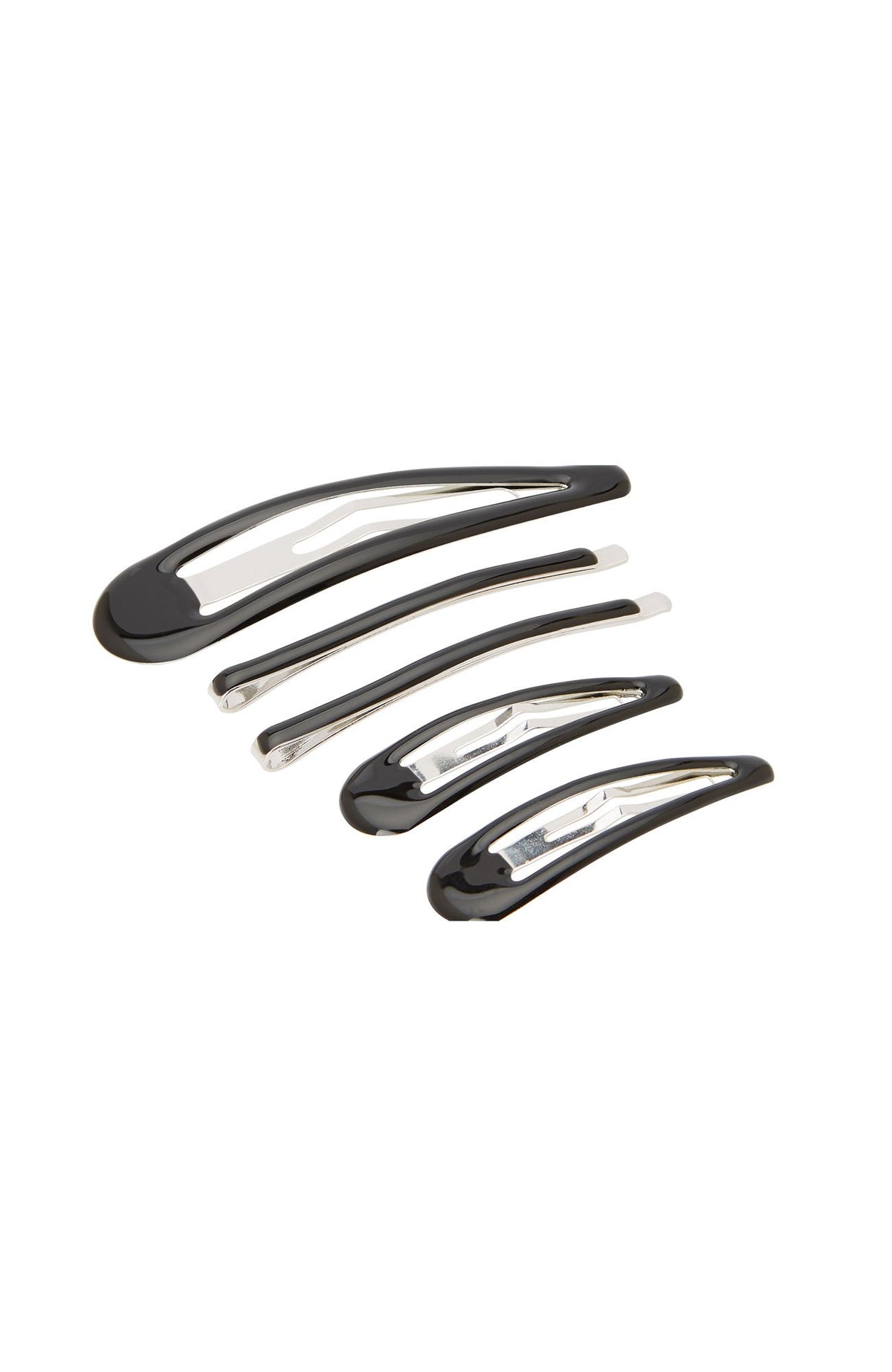 Black Hair Clips, Set of 5 hair accessories includes 2 bobby pins, 2 small click clack clips, and 1 large click clack clip